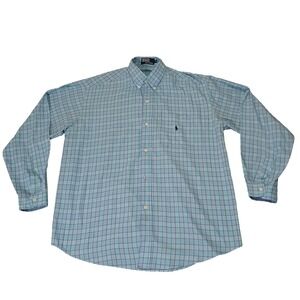 Polo Shirt Women XXL 20 Blue Plaid Button‎ Down Long Sleeve Pony Vtg